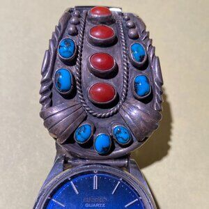 Navajo watchband tips - silver, coral and turquiose